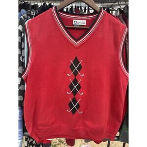 Vintage Golf Sweater Vest XL Women's Red LADY DIVOTS w/ Golf Club Argyle Diamond